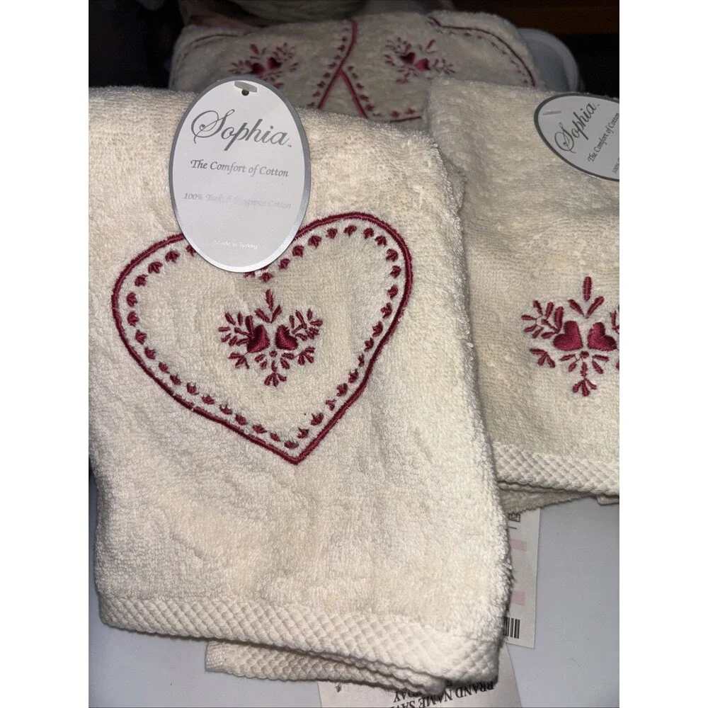 Sophia Towel Set Bath Hand & Fingertip Turkish Cotton Ivory Hearts New Set Of 3